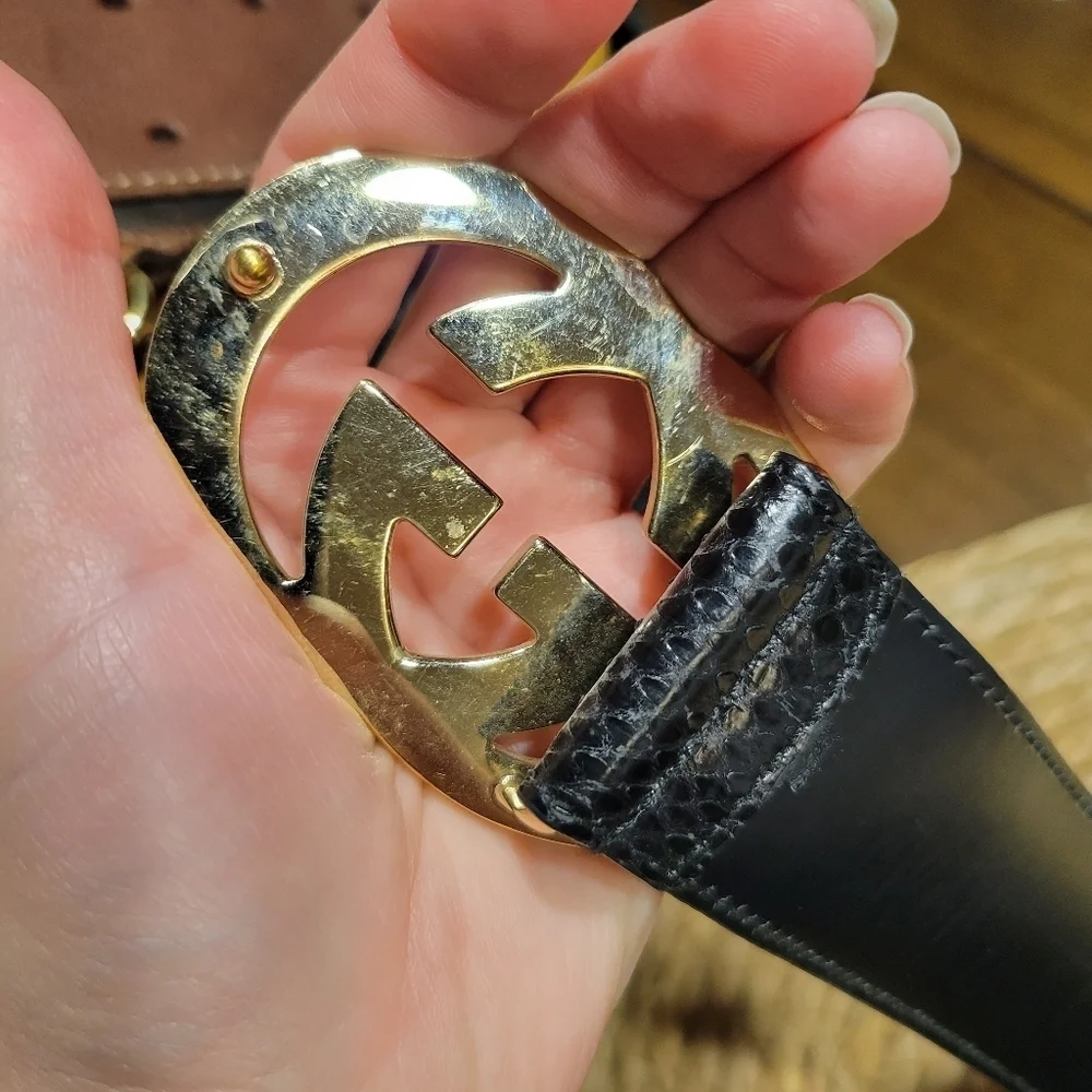 Vintage GUCCI Black Python Snake Leather Belt Gold Buckle GG Size 85 - Picture 3 of 12